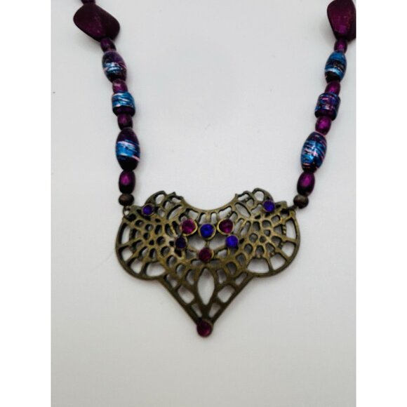 Heart Pendant Bead Purple Blue Gold Tone Necklace 18” - Picture 3 of 5